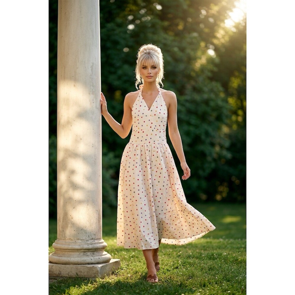 Rosie Posie Dress Womens Size L Cream Polka Dot Halter Midi Fit & Flare
